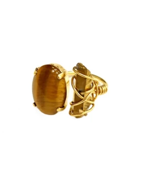 Χειροποίητο μεταλλικό δαχτυλίδι Catherine Bijoux D4646 σε χρυσό χρώμα με καφέ πέτρα