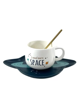 Κεραμική κούπα με πιάτο SpaceCow N278A σε λευκό χρώμα, 230ml