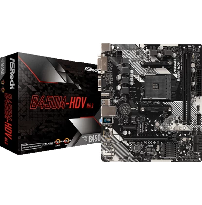 ASROCK MB B450M-HDV R4.0, SOCKET AMD AM4, CS AMD B450, 2 DIMM SOCKETS DDR4, D-SUB/DVI-D/HDMI, LAN GIGABIT, MICRO-ATX, 2YW