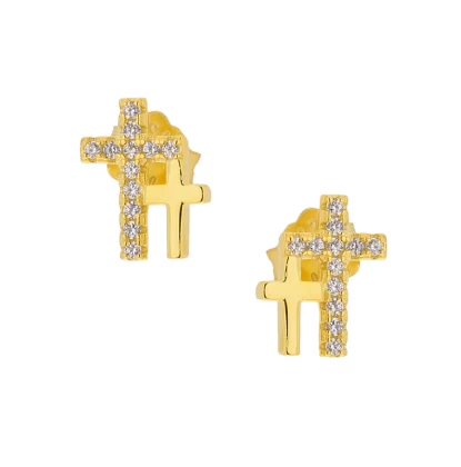 Ασημένια σκουλαρίκια Prince Silvero 1O-SC031-3 Σταυρουδάκια σε χρυσό χρώμα με λευκά ζιργκόν